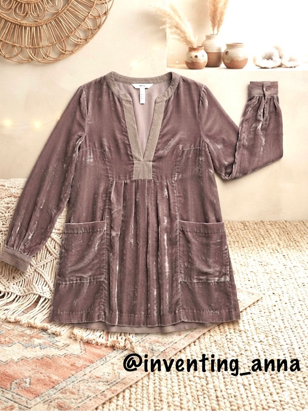 FREE PEOPLE Velvet Peasant Dress w/Pockets Loose Fit Outdoor Market Shopping